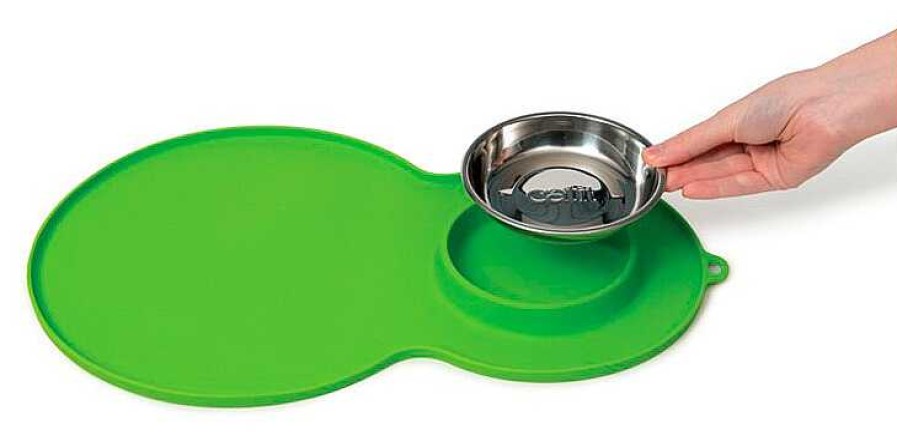 Gatos Catit Comederos Y Bebederos | Catit Alfombra Silicona Con Comedero Inoxidable Verde